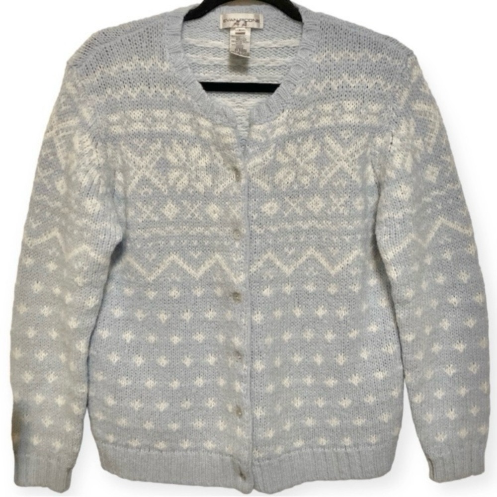Vintage 90’s Knit Sweater Cardigan Blue White Button Holiday Fair Isle Norwegian - Picture 4 of 6